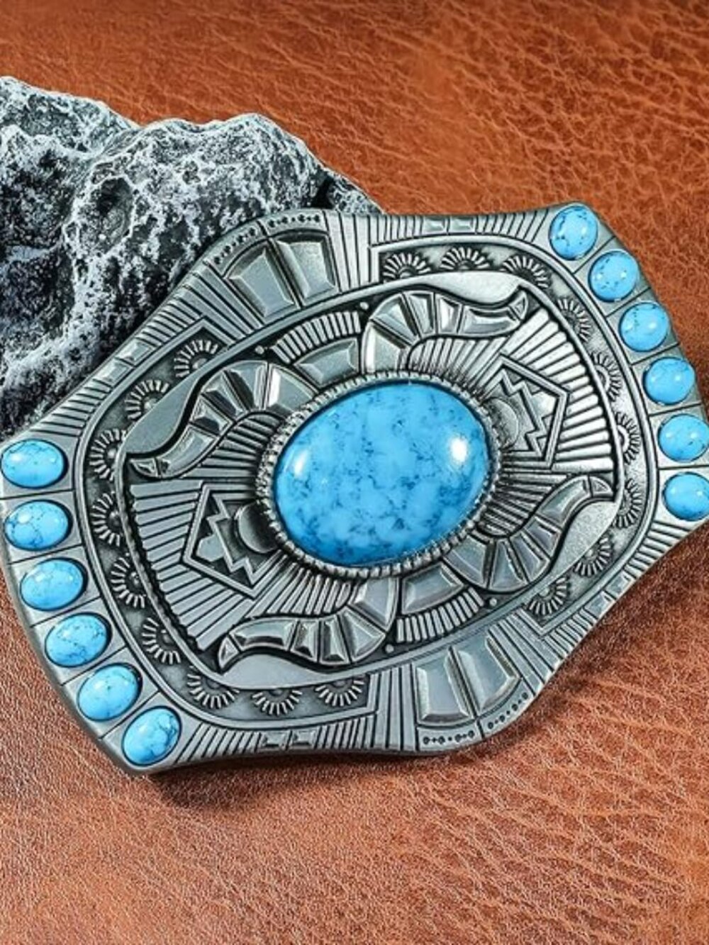 New - American Western Cowboy Indian Element Turquoise Belt Buckle Boho Silver